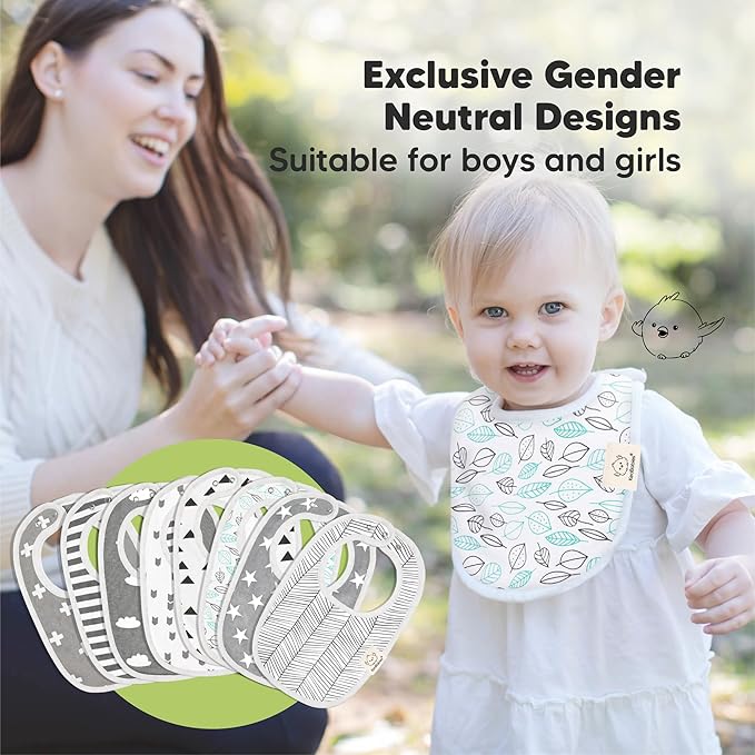 8-Pack Organic Baby Bibs for Boys, Girls - Soft Cotton Drooling and Teething Bibs for Baby Girl & Boy, Extra Absorbent, Easy To Clean & Put On for Toddler, Newborn, Infant 0-24 Months(Grayscale)