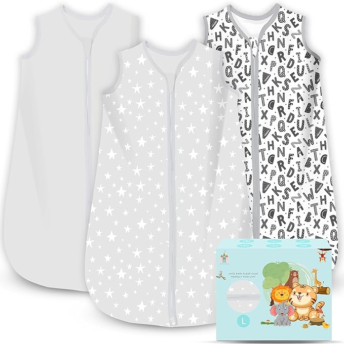 Cute Castle Baby Sleep Sack 12-18 Months - Lightweight 100% Cotton 2-Way Zipper TOG 0.5 Infant Wearable Blanket, Newborn Essentials Toddler Sleep Clothes, 3 Pack(Gray, Letters, Stars)