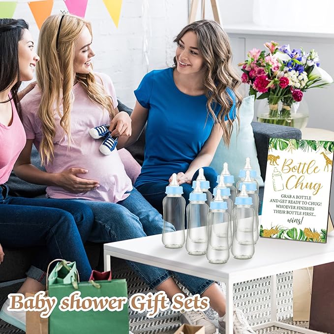 TrelaCo Safari Cool Baby Shower Games Bottle Chug Sign Wooden Jungle Animals Theme Gift Sets Gender Reveal Party Favors and 12 Pcs Baby Bottle Shower Favor for Games Gender Reveal