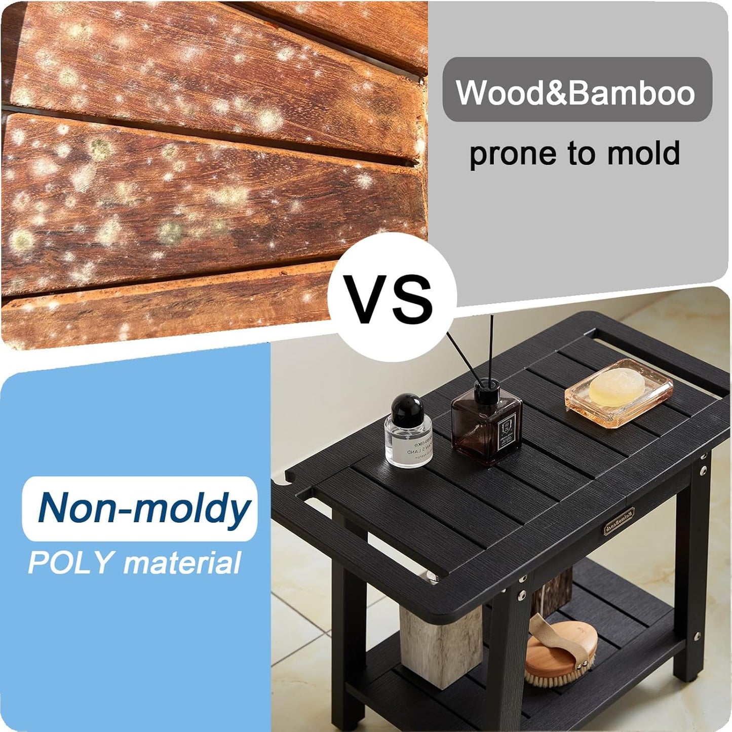 HDPS Shower Benches, Black Shower Stool for Shaving Legs with Shelf, Waterproof Bathroom Chair Seat, Weather Resistant/Non-Slip/Handles/Indoor or Outdoor Use