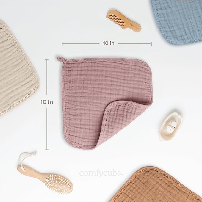 Comfy Cubs Muslin Baby Washcloths 6 Pack - Soft 6-Layer Cotton Wash Cloths for Sensitive Skin - 10"x10" Large, Gentle, Absorbent Infant Essentials for Newborn and Toddlers - Mauve