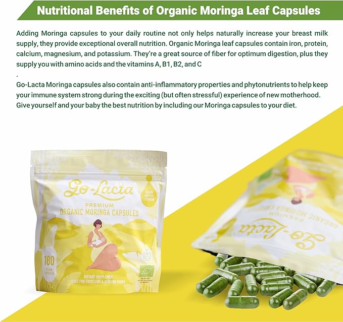 Go-Lacta 100% Organic Premium Moringa Capsules for Breastfeeding - Build Breast Milk Supply Before Birth - Healthy Breastfeeding for Mom and Baby - Increase Breast Milk Supply