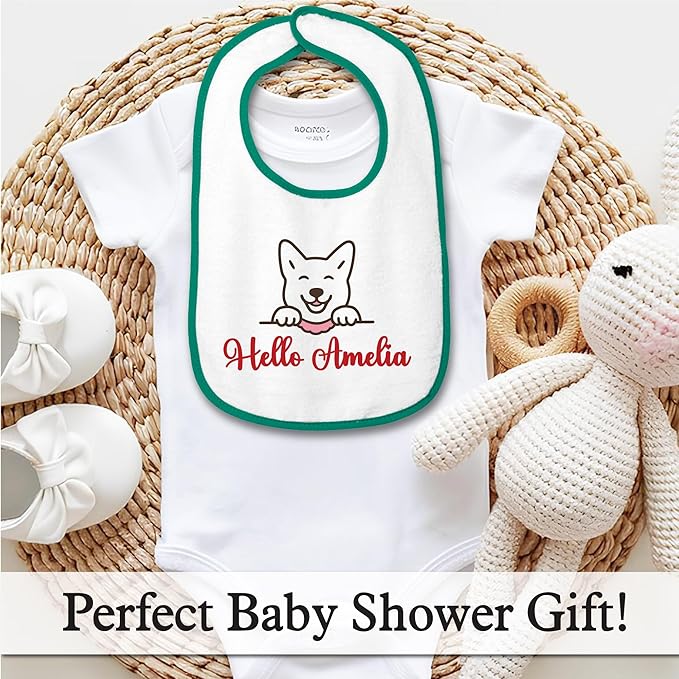 Personalized Baby Bib – Soft Cotton Terry, Cute Jindo Dog Design with Custom Text (1-2 Lines) – Newborns & Toddlers