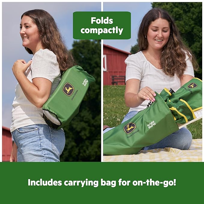 Bright Starts John Deere Pop 'N Sit Portable Booster Chair, Floor Seat, Indoor/Outdoor Use, Compact Fold, Green and Yellow, 6 Mos - 3 Yrs