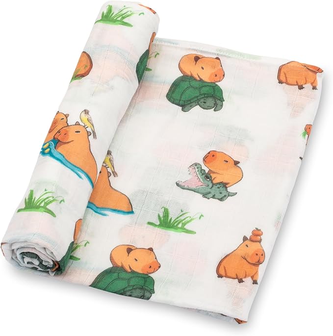 LollyBanks Swaddle Blanket, 100% Cotton Muslin Swaddle Blankets, Neutral Swaddle Blanket 47 x 47 Inches, Baby Blanket for Boys and Girls, Baby Essentials, Registry (Capybara Print)