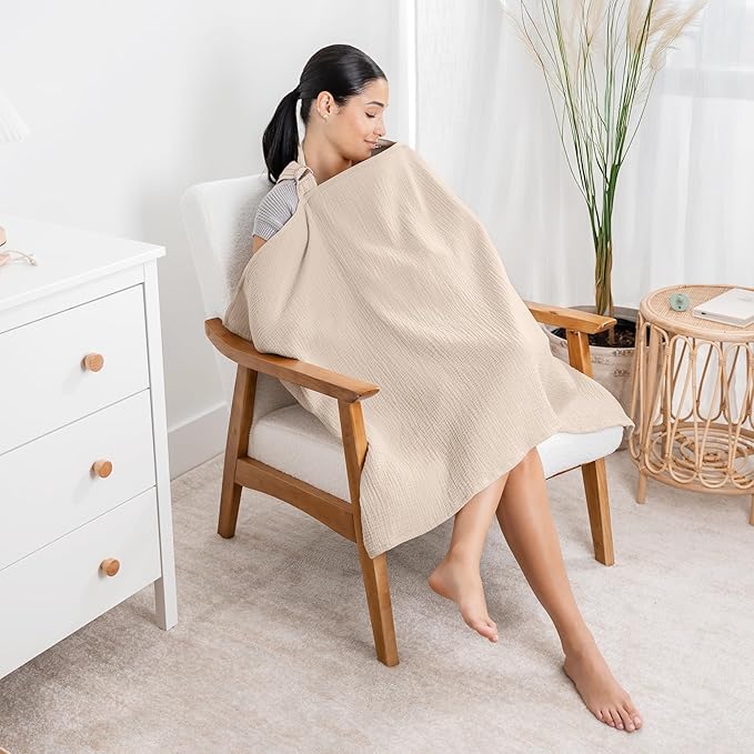 Comfy Cubs Muslin Nursing Cover, Pack of 1, 100% Muslin Breastfeeding Cover - Soft & Breathable Baby Nursing Scarf with Adjustable Neck Strap - Portable, Lightweight & Privacy Coverage - Sand