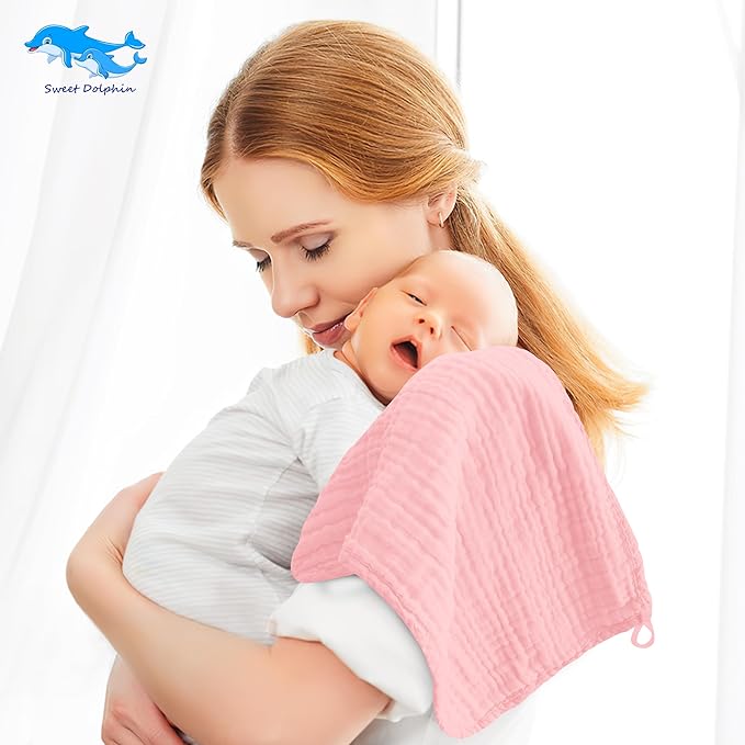 SWEET DOLPHIN 12 Pack Muslin Burp Cloths Large 100% Cotton Burping Clothes for Baby Drool - Absorbent and Soft Boys & Girls Milk Spit Up Rags for Newborn Essentials Registry - Dewy Petal