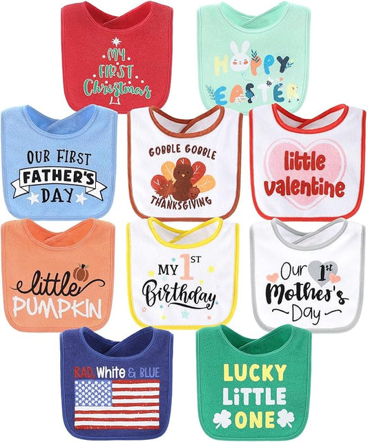 The Peanutshell Baby Boy or Girl Terry Bibs Set of 10-100% Cotton, Soft, Absorbent Baby Bibs, Unisex Toddler Boy or Girl Set, Newborn & Infant - Holiday