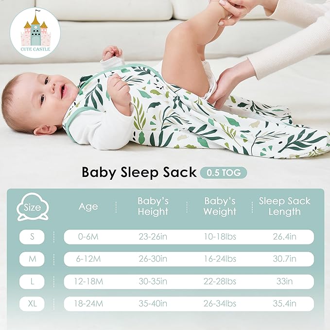 Cute Castle Baby Sleep Sack 6-12 Months - Lightweight 100% Cotton 2-Way Zipper TOG 0.5 Infant Wearable Blanket, Newborn Essentials Toddler Sleep Clothes (3 Pack Green)