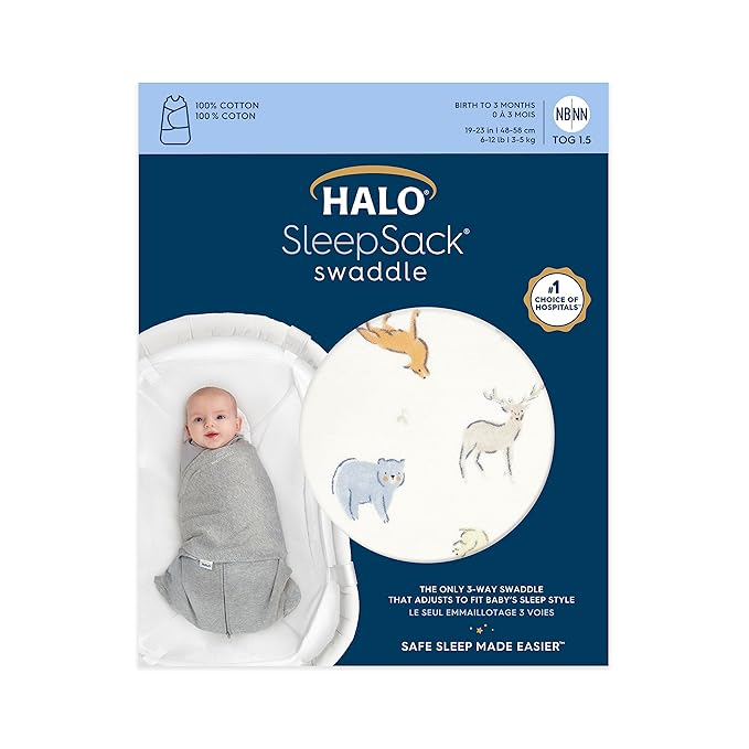 HALO 100% Cotton Sleepsack Swaddle, 3-Way Adjustable Wearable Blanket, TOG 1.5, Forest Friends, Newborn, 0-3 Months