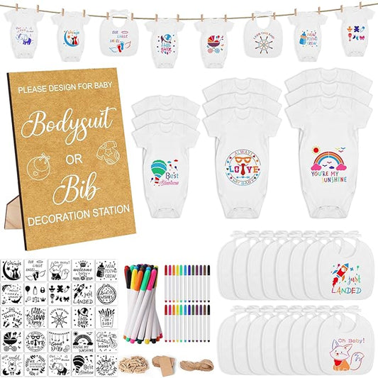 Pydeeirom 151 Pcs Baby Shower Game Decorations Kit with Bibs, Bodysuits, Wooden Sign & Fabric Markers (Classic)