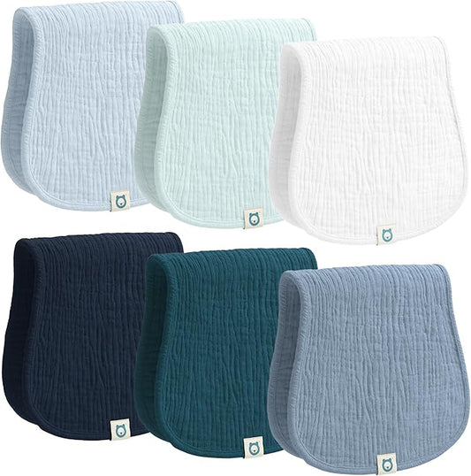 Muslin Burp Cloths Set, 6 Pieces, 100% Organic Cotton Hand Washcloths for Baby Boys and Girls Extra Absorbent and Soft Burping Rags (Blue - Multi Colored)