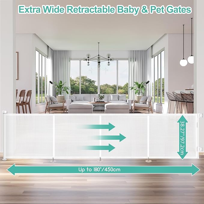 Upgrade 180 inch Retractable Baby Gates, EZIGO Extra Wide Baby Gate for Large Opening Extra Long Mesh Gate for Kids or Pet Dog Gate Child Safety Gate for Stairs Hallways Doorway Indoor Outdoor, White