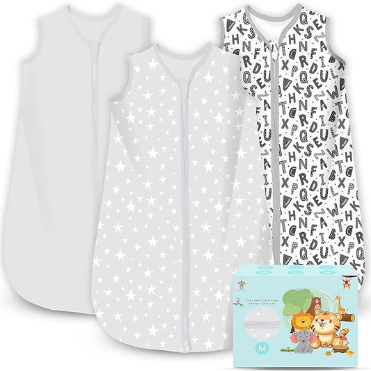 Cute Castle Baby Sleep Sack 6-12 Months - Lightweight 100% Cotton 2-Way Zipper TOG 0.5 Infant Wearable Blanket, Newborn Essentials Toddler Sleep Clothes, 3 Pack(Gray, Letters, Stars)