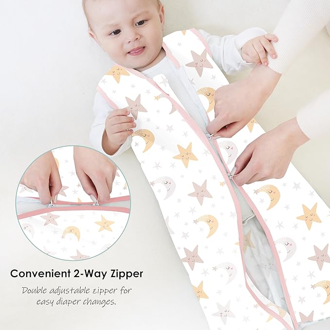 Cute Castle Baby Sleep Sack 0-6 Months - Lightweight 100% Cotton 2-Way Zipper TOG 0.5 Infant Wearable Blanket, Newborn Essentials Toddler Sleep Clothes, 3 Pack(Pink, Moon, Stars)
