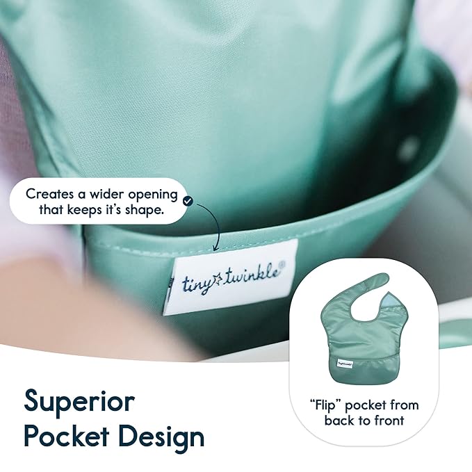 Tiny Twinkle Mess Proof Baby Bibs for Eating – Waterproof, Wipeable Toddler Bibs with Pocket – Baby Food Bibs for Girls & Boys(3 Pack,Olive. Slate)