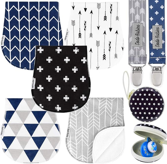 Dodo Babies Cotton Burp Cloths - Absorbent Cotton Baby Essentials - Contoured Shoulder for Baby Boy Essentials - Pacifier Clip & Case Included - 8-Piece Set, 19 x 9 in, Black/Blue/Gray