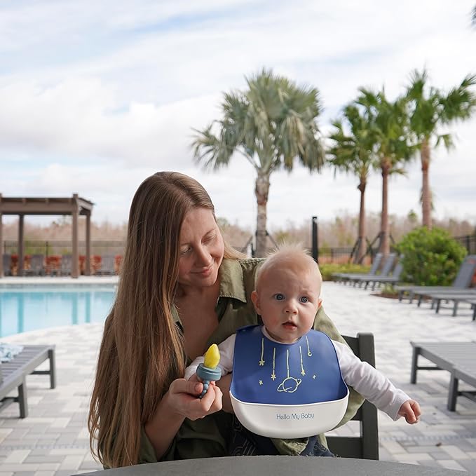 Silicone Baby Bibs Unisex, Self-Feeding, Catch-all Large Pocket, 6-48 months, BPA-Phthalate Free, w/Travel Case