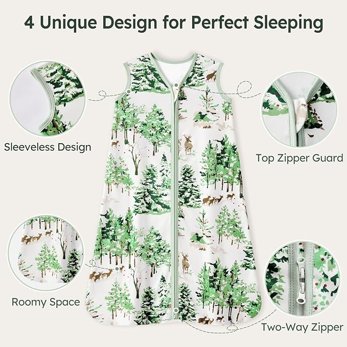 Baby Sleep Sack 0-6 Months 100% Cotton Lightweight 0.5 TOG Wearable Blanket Baby Sleep Bag with 2-Way Zipper for Newborn Infant Green Pine Tree