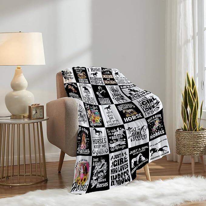 Horse Blanket for Baby Girls Black White Throw Blanket for Boys, Lightweight Animals Soft Flannel Blankets for Kids Gifts, 30x40 Inches
