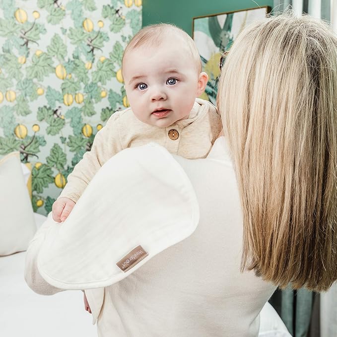 WeeSprout Unisex Organic Towel Cotton Burp Cloths, Set of 4, Four Ultra-Absorbent Layers Keep Clothes Dry, Button Transforms into Baby Bib, Machine Washable & Dryer Safe (White Set, Full)