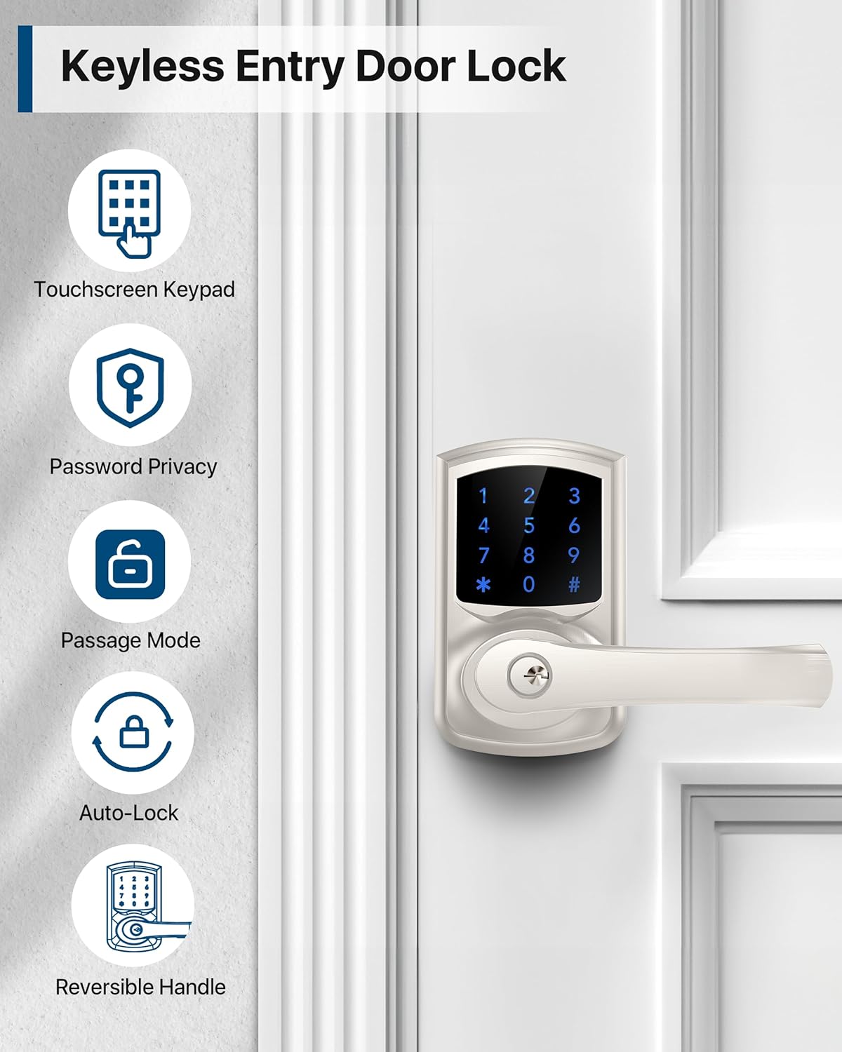 Keyless Entry Door Lock, Keypad Door-Lock with Handle, Touchscreen, Auto-Locking, Anti-peep Password, Easy to Install for Front Doors, Home, Office, Satin Nickel 2 Pack