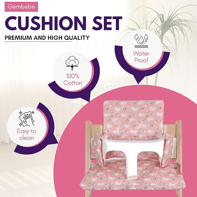 Waterproof & Compatible Stokke Tripp Trapp Cushion Set - Easy to Clean Stokke Tripp Trapp Newborn Set - 100% Cotton Stokke High Chair Cushion Set (Pink Bunny / 49.5 Counts)