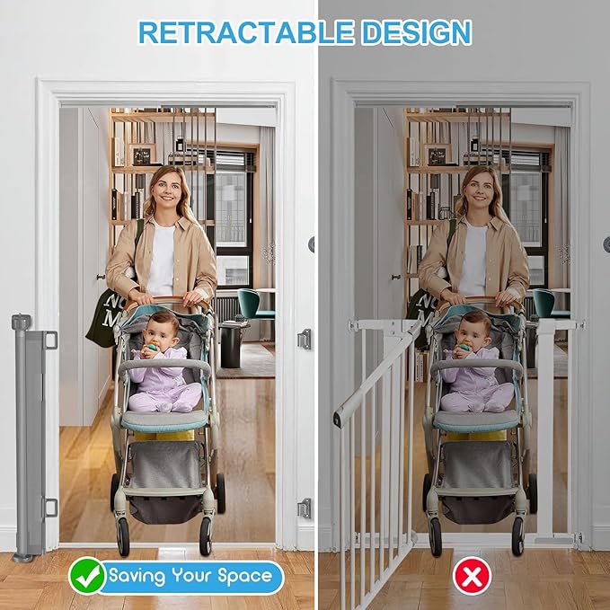 55 inch Retractable Baby Gates, EZIGO Extra Wide Baby Gate for Large Opening Extra Long Mesh Gate for Kids or Pet Dog Gate Child Safety Gate for Stairs Hallways Doorway Indoor Outdoor, Gray