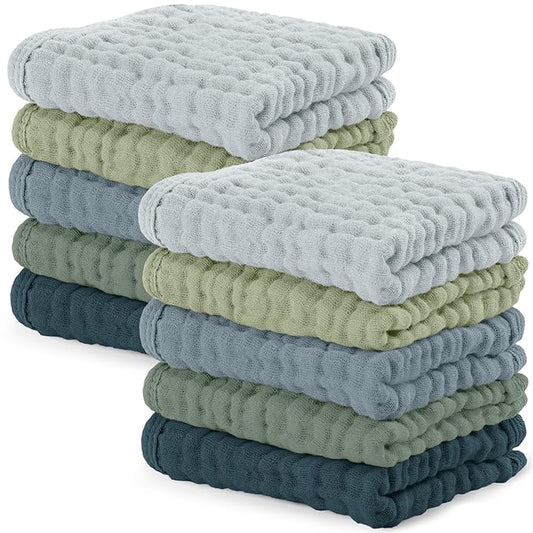 Comfy Cubs Muslin Baby Washcloths 10 Pack - Soft 6-Layer Cotton Wash Cloths for Sensitive Skin - 10"x10" Large, Gentle, Absorbent Infant Essentials for Newborn and Toddlers - Multi Boy