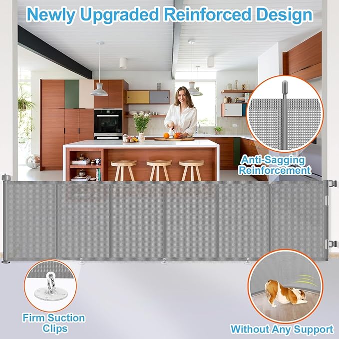 Upgrade 150 inch Retractable Baby Gates, EZIGO Extra Wide Baby Gate for Large Opening Extra Long Mesh Gate for Kids or Pet Dog Gate Child Safety Gate for Stairs Hallways Doorway Indoor Outdoor, Gray