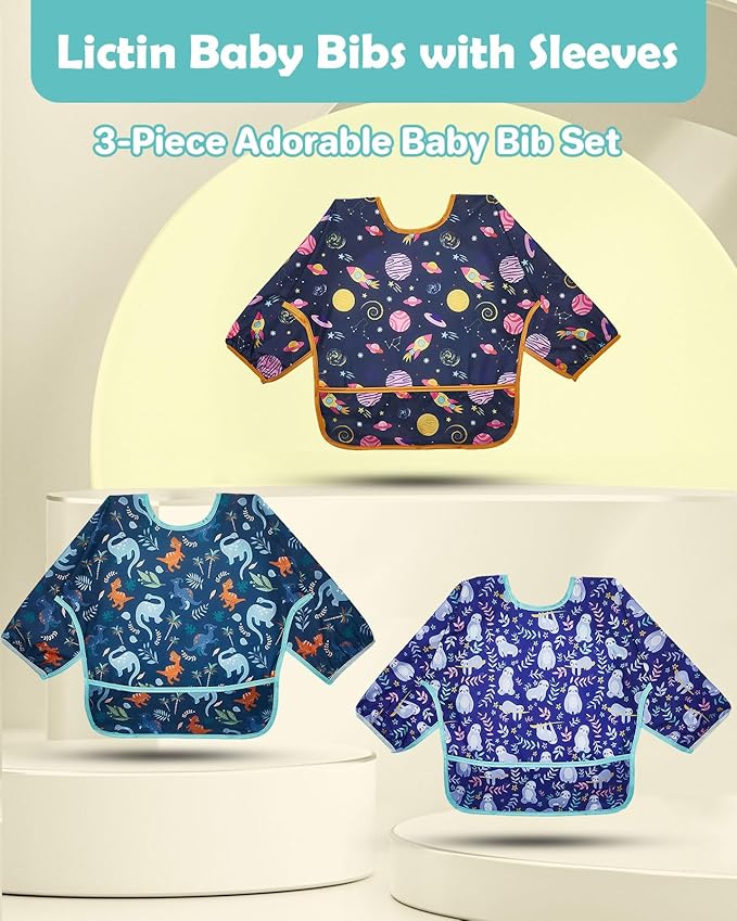 Lictin 3 Packs Baby Bibs for Boy or Girl, Cute Long Sleeve Bib, Waterproof Bibs for Toddlers,Adjustable Closure Baby Smock, Mess Proof Baby Bib, 6-24 Months Reusable Infant Baby Bibs