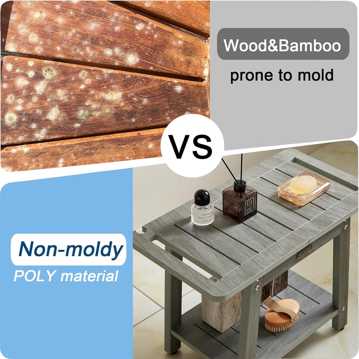 HDPS Shower Bench Seat with Shelf, Waterproof Shower Stool, Bathroom Chair for Spa with Handle, Weather Resistant/Non-Slip/Handles/Indoor or Outdoor Use, Weight Capacity 500LBS