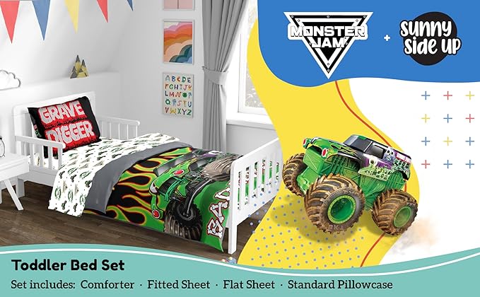 Sunny Side Up Monster Jam Toddler Comforter Set - 4 Piece Preschool Bedding Includes Comforter, Sheets & Pillow Cover - Super Soft Trucks Microfiber Bed Set