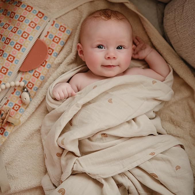 mushie Muslin Baby Swaddle Blanket | 100% Organic Cotton (Rainbows)