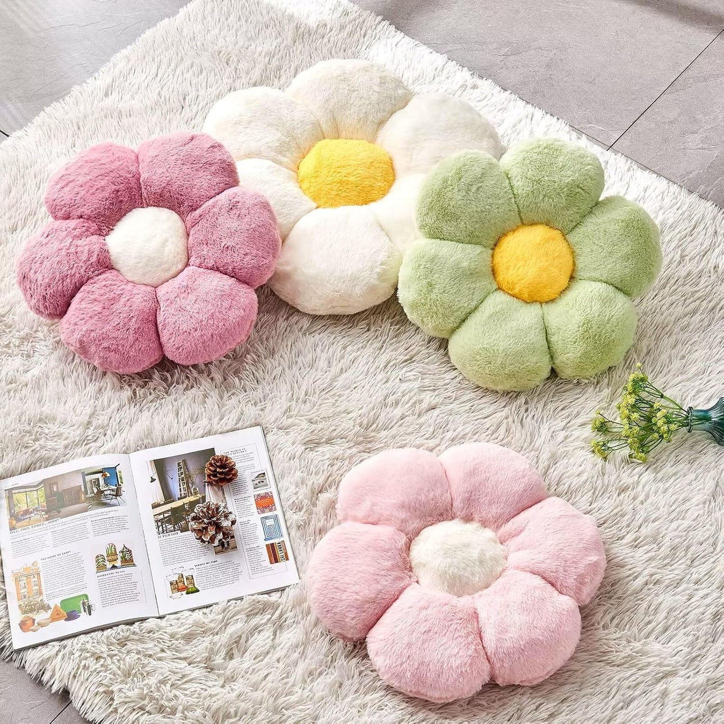 Green Flower Shaped Throw Pillow with Faux Rabbit Fur, 14.9" Soft Plush Throw Pillow for Bedroom Living Room