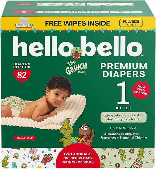 Hello Bello Dr. Seuss Baby Grinch Premium Diapers, Size 1 (8-12 lbs), 82ct Plus Bonus Wipes: Softness & Protection for Sensitive Skin