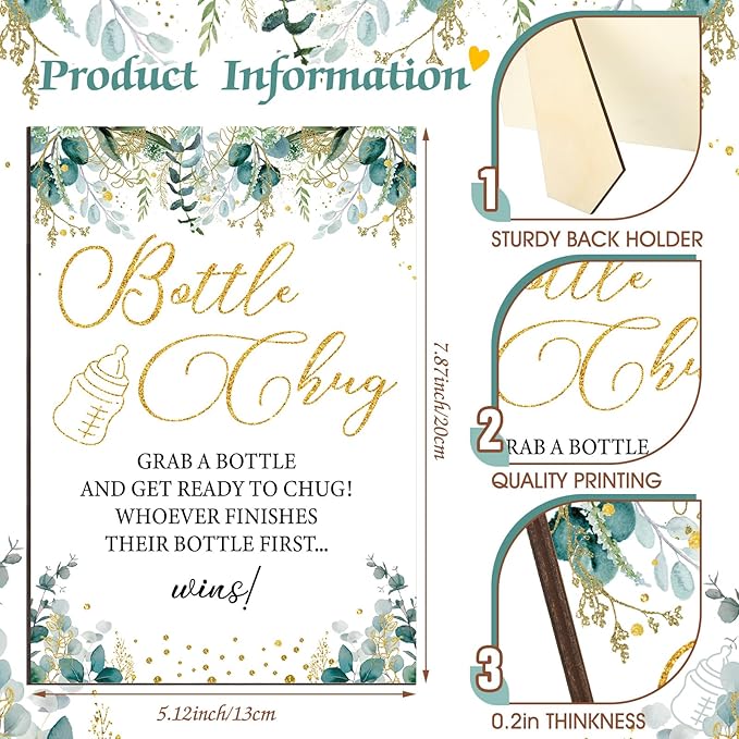 TrelaCo Greenery Cool Baby Shower Games Bottle Chug Sign Wooden Neutral Greenery Floral Gift Sets Gender Reveal Party Favors and 12 Pcs Baby Bottle Shower Favor for Games Gender Reveal