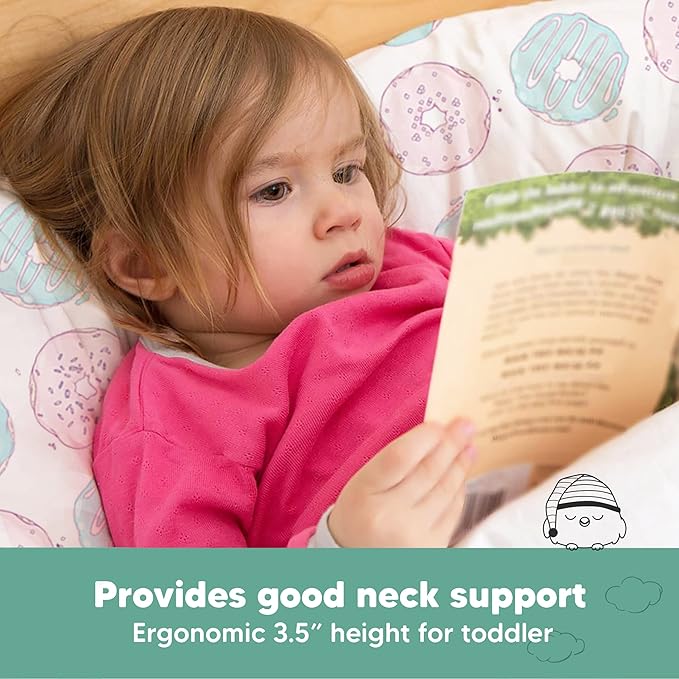 Toddler Pillow with Pillowcase - 13x18 My Little Dreamy Kids Travel Bed Pillows for Sleeping, Organic Cotton Small Pillowcase, Soft & Breathable, Machine Washable, Toddlers 2-5 Years Old (Donuts)