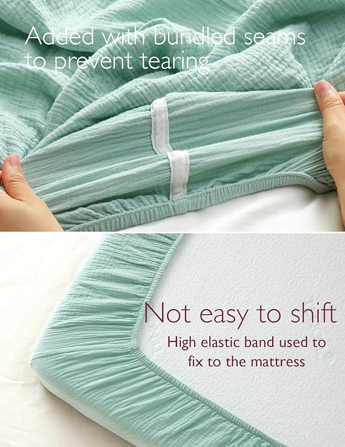 Momcozy Muslin Mini Crib Sheets Fitted - 38''x26'' Pack and Play Sheets for Pack N Play Mattress, 2 Pack Soft & Breathable Natural Cotton Non Slip Bed Cover for Boys, Girls, Grey Green