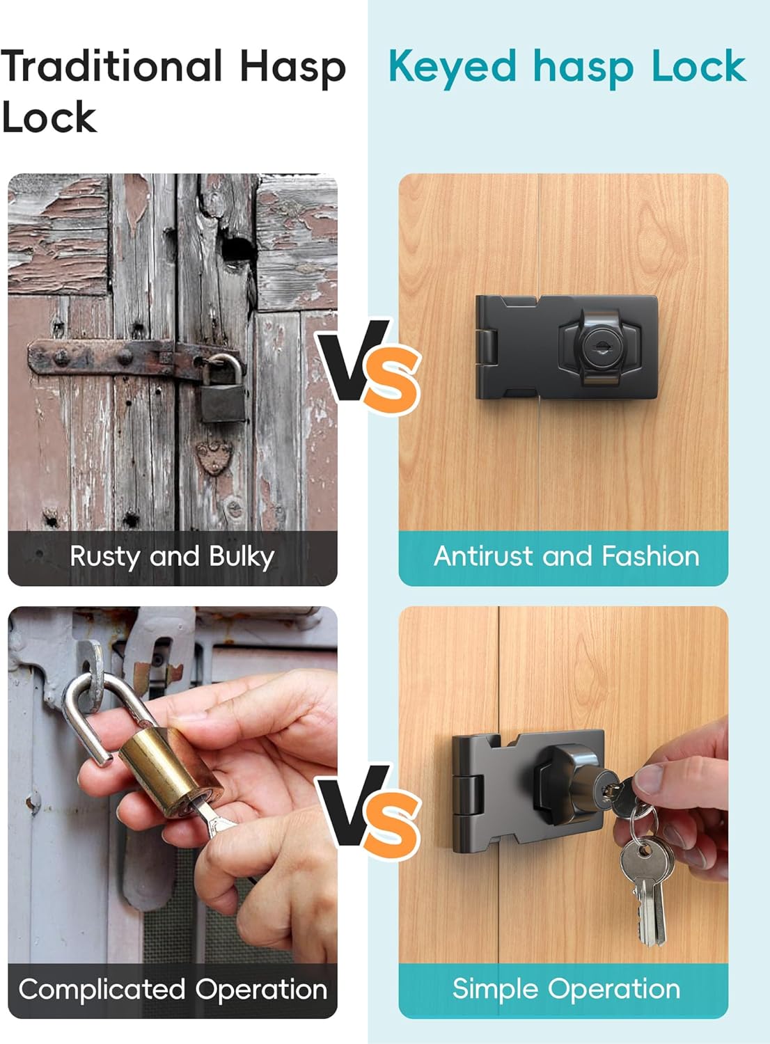 2.5 Inch Keyed Hasp Lock for Cabinets & Small Doors, Twist Knob Design, Heavy Duty Zinc Alloy with Chrome-Plated Iron, Includes Keys & Screws - Black, 3 Pack