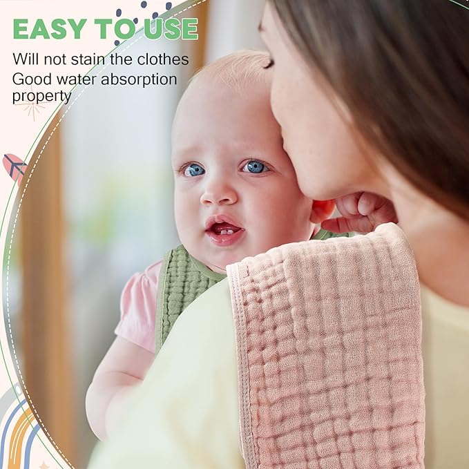 Tallew 8 Pack Muslin Burp Cloths and Baby Bibs for Boy Girl 20" x 10" Cotton Baby Bandana Drool Bibs Muslin Burp Cloths Absorbent Rag for Newborn Toddler Infant Gifts(Vivid Color)