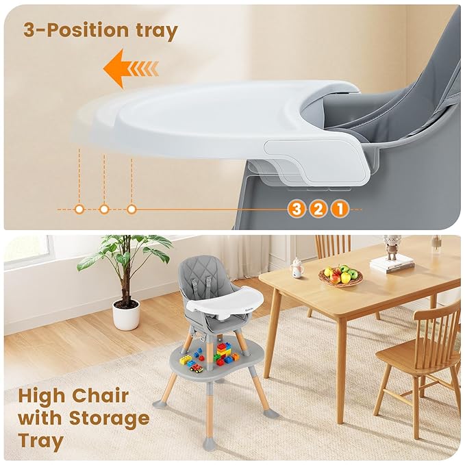 Ezebaby Baby High Chair, 8 in 1 Convertible High Chairs to Booster Seat/Toddler Chair/Table and Chair Set, Wooden High Chair with Adjustable Tray & PU Cushion(Grey)