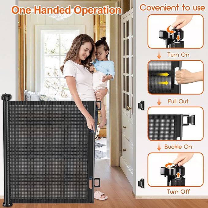 Upgrade 180 inch Retractable Baby Gates, EZIGO Extra Wide Baby Gate for Large Opening Extra Long Mesh Gate for Kids or Pet Dog Gate Child Safety Gate for Stairs Hallways Doorway Indoor Outdoor, Black