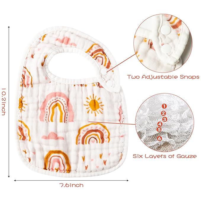 Zainpe 6Pcs Snap Muslin Cotton Bibs for Baby Rainbow Sun Star Adjustable Feeding Bib, Machine Washable Unisex Burp Cloths with 6 Absorbent Soft Layers for Infant Newborn Toddler Drooling Teething