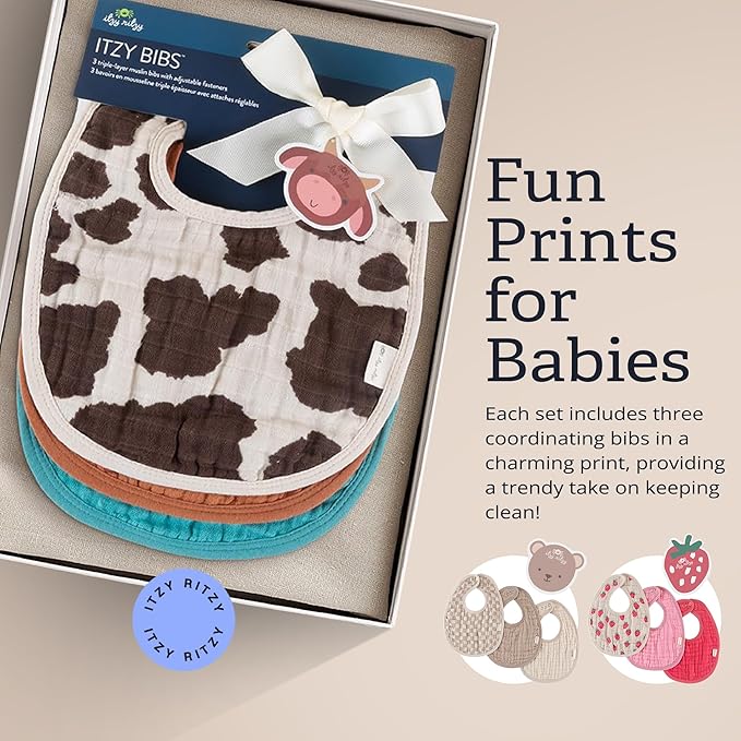 Itzy Ritzy Set of 3 Baby Bibs - Ultra-Soft Adjustable Infant & Toddler Bibs Made of Triple-Layer Cotton Muslin, Ideal for Drooling, Teething, & Eating - 3 Stylish, Coordinating Prints (Cow Print)