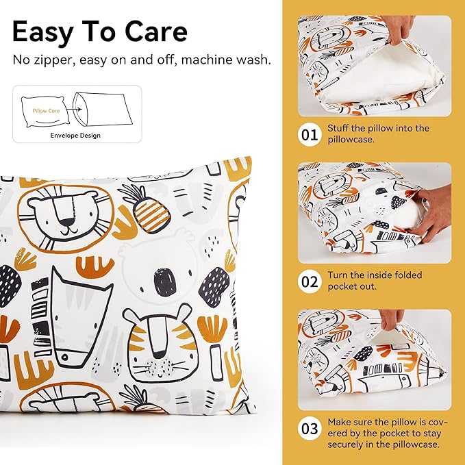 TILLYOU Toddler Pillowcases 13 x 18 Travel Pillow Case 2 Pack, Kids Pillowcases Machine Washable with Envelope Closure, Lion