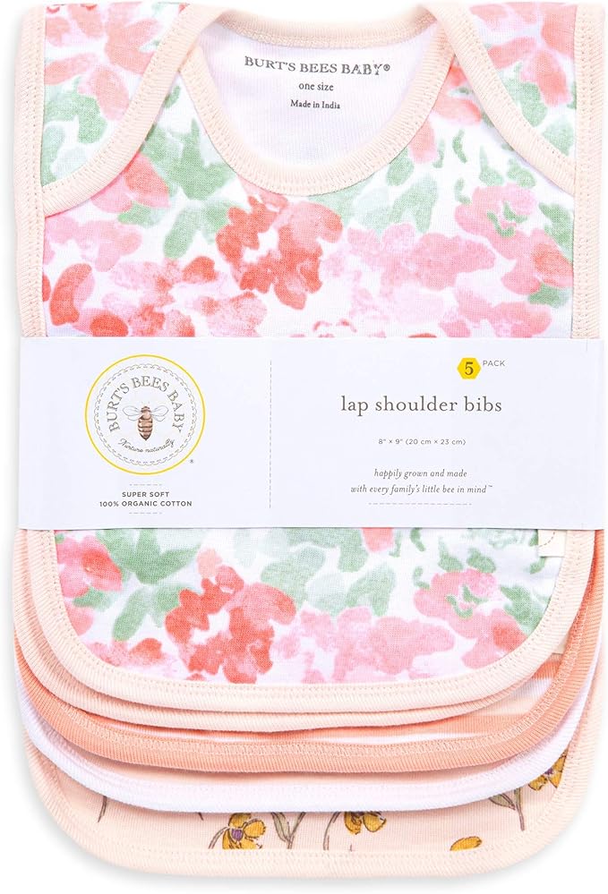 Burt's Bees Baby unisex baby Bibs, Lap-shoulder Drool Cloths, 100% Organic Cotton With Absorbent Terry Towel Backing Bibs, Tossed Succulents, 5-Pack US