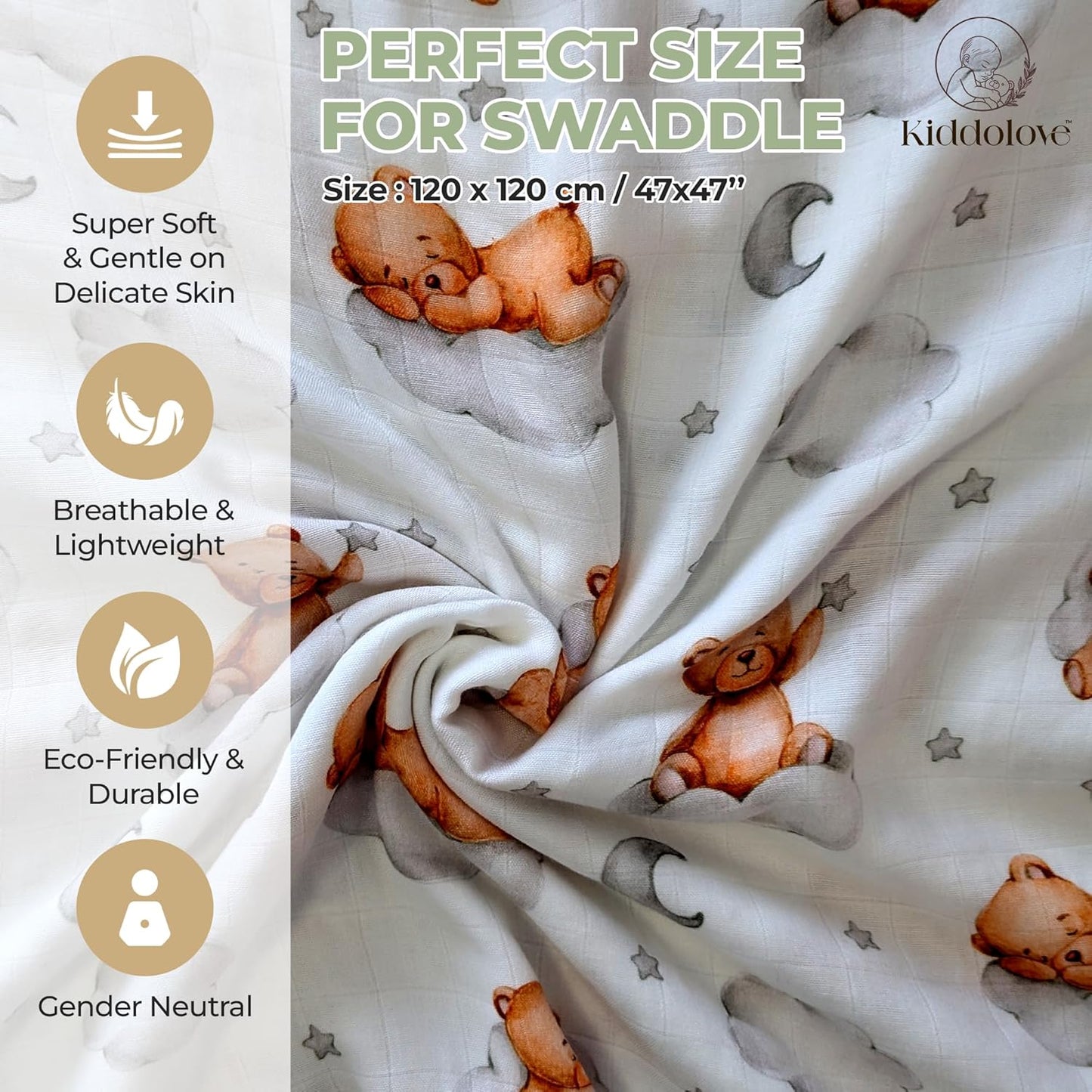 Muslin Swaddle Blankets for Newborn – 3 Pack Large 47"x47" Receiving Blankets – Soft, Breathable & Gentle – Unisex Sweet Dreams