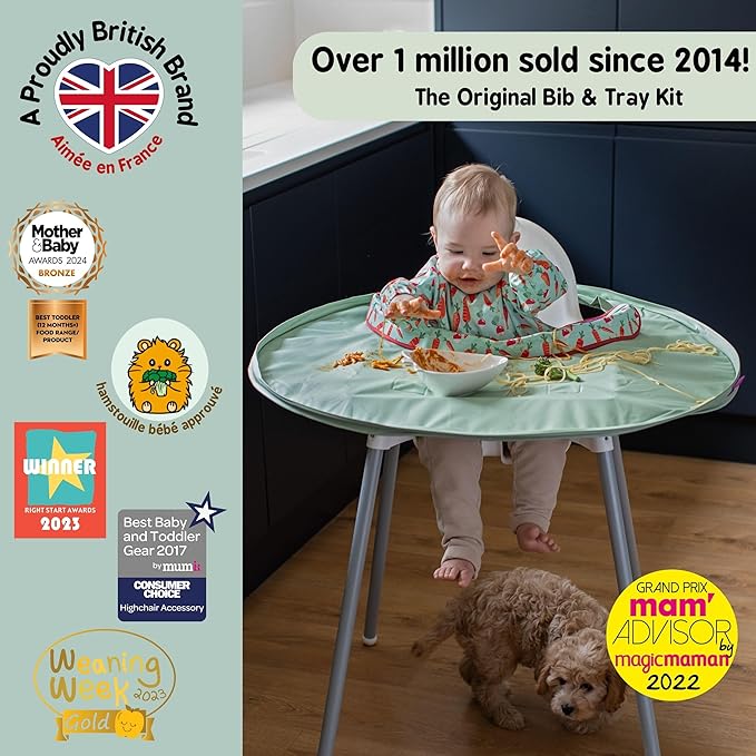 Tidy Tot- Baby Bib & Tray Kit - Mess Proof Long Sleeve Smock Attaches to Feeding Mat, Waterproof Bib - Fits Babies 6-24 Month