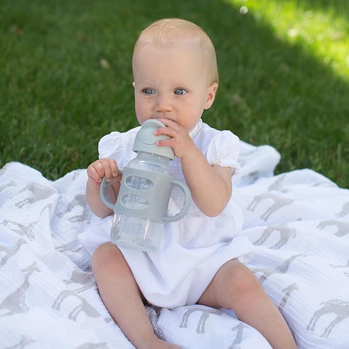 Dr. Brown's Milestones Wide-Neck Sippy Straw Bottle with 100% Silicone Handles and Weighted Straw, 9 oz/270 mL, Gray, 6m+